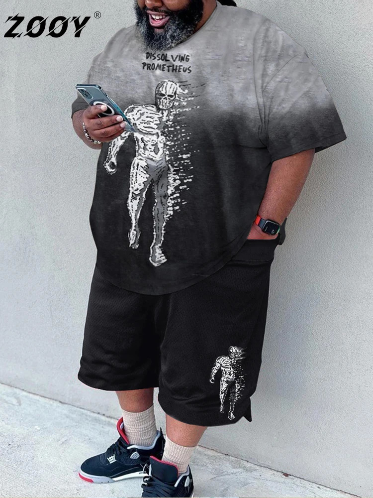 ZOOY L-9XL Mens Plus Size Fashion Cartoon Abstract Graffiti Graphic Casual Short Sleeve Shorts Set 240524