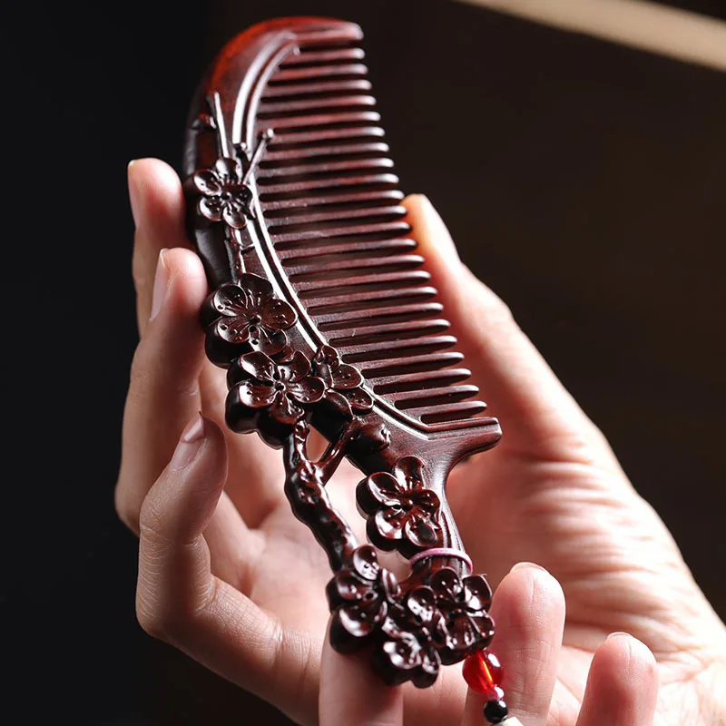 Natural Wooden Comb Add Box Sandalwood Comb Portable Mahogany Anti Static Chinoiserie Woman's Gift Hollow Carved Massage Comb