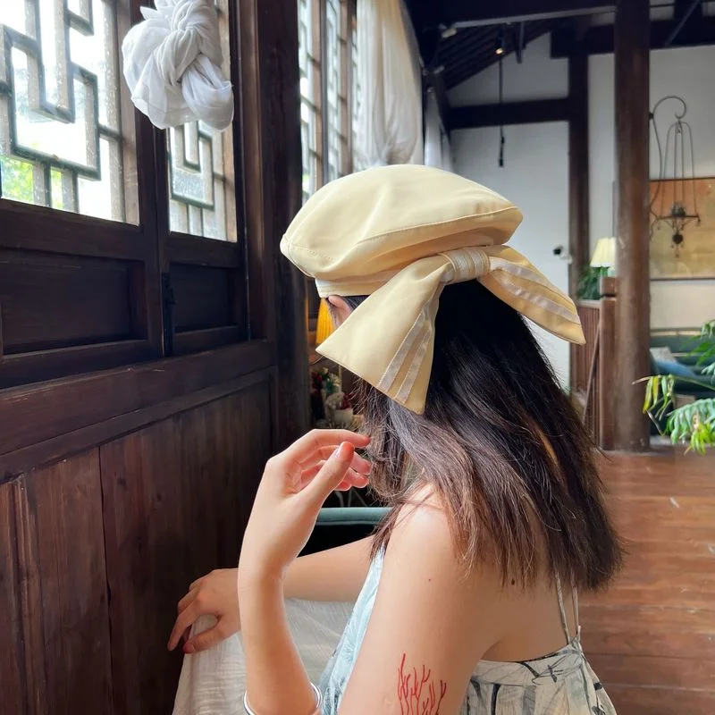 for Oversized Bow Beret Women 2022 Summer Ins Popular Striped Designer Berets Hat Niche Painter Cap Navy Japanese Sailor Hats smile