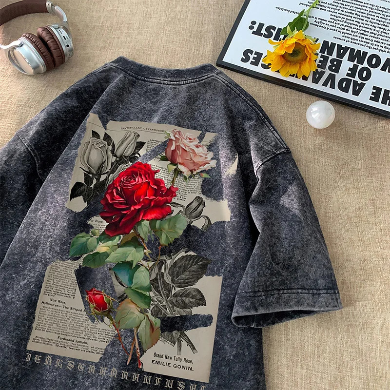 Gothic Washed Tshirts Rose Printed Streetwear Men Tshirt Oneck Oversized Korean Short Sleeve Tops Harajuku Casual Male Tee 240517