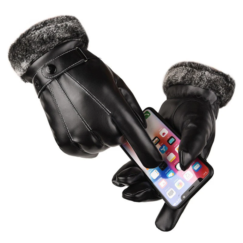Winter Gloves Faux Men Rabbit PU Leather Touch Screen Mittens Lady Female Outdoor Driving Warm Gloves smile