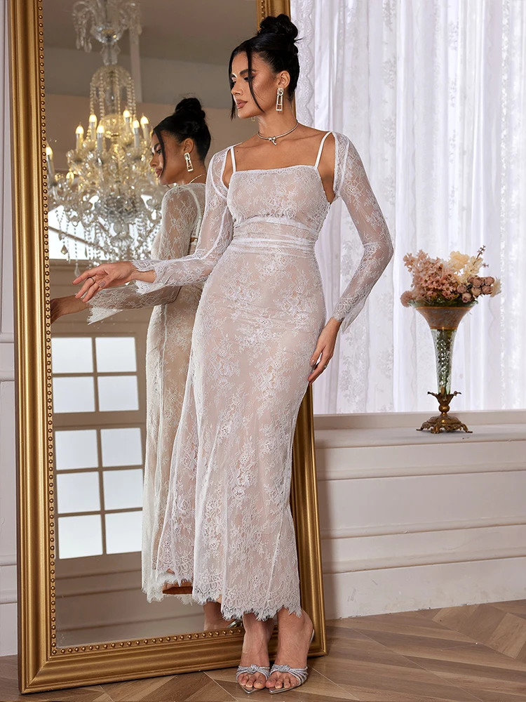 Mingmingxi Maxi Women Clothing Dresses Lace Up White Wedding Events Dress Elegant Lae Detachable Cape Party Dresses 240518