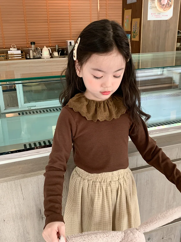 Jonmi 2023 Autumn Deer New Korean Style Baby Girls Lace ddmysmile Collar T-Shirts Long Sleeve Sweet Tops Children Casual Tees Smile