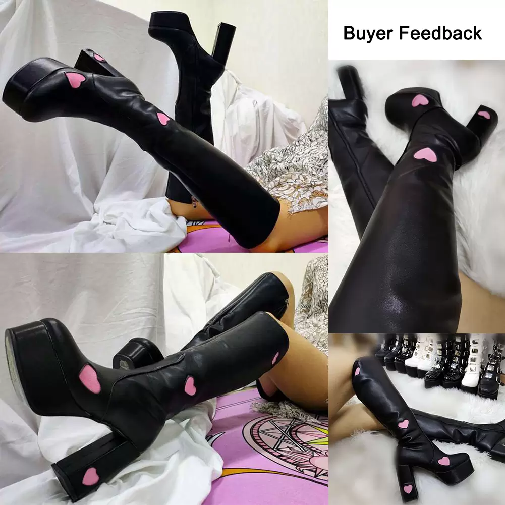 RIBETRINI Brand Candyfloss Love Knee High Platform Boots Chunky High Heels Party Dress Trendy Heart Print Autumn Shoes Woman 22