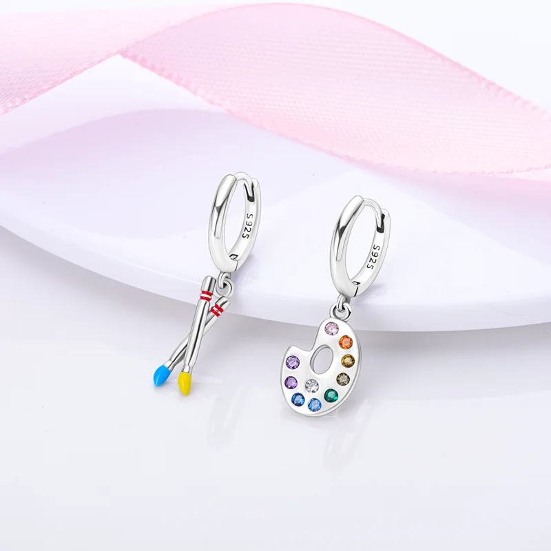 7/Pc Set CZ Sterling Sier Color Palette Painter Pen Charms Earrings Necklace Ring Bracelet Set Box For Women Jewelry Gift smile