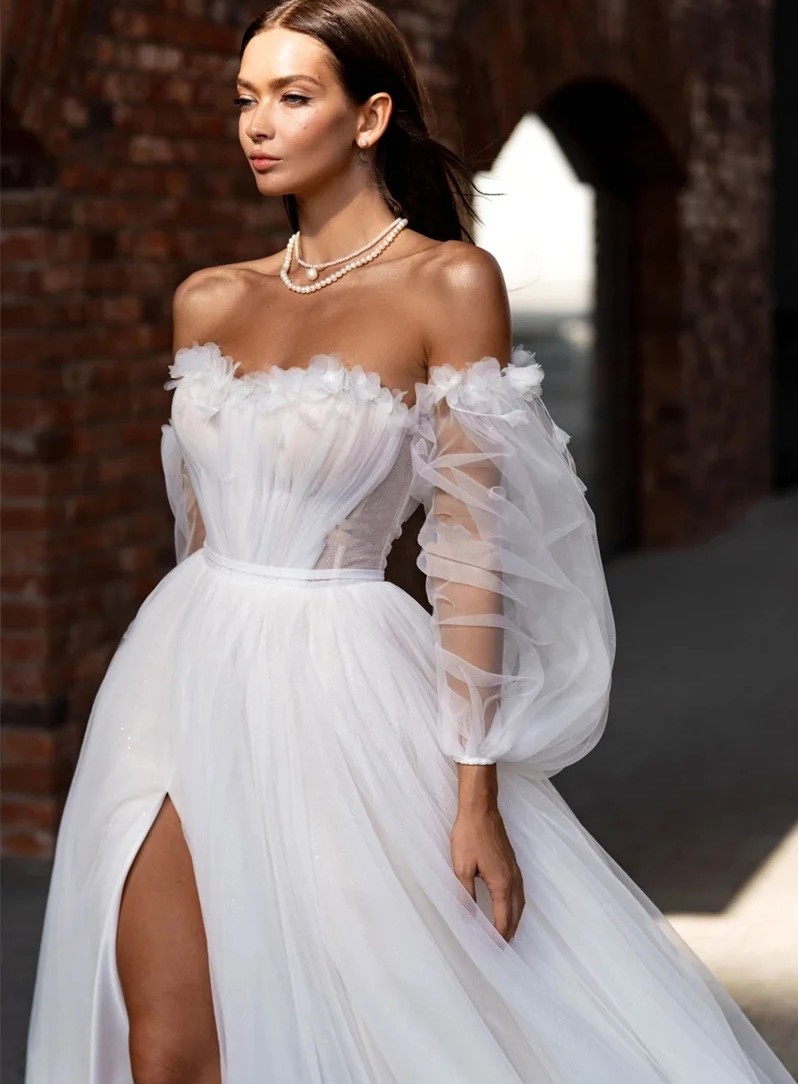 2024 Exquisite Sweetheart Beach Wedding Dresses Off The Shoulder Puff Sleeve Lace Appliques Bridal Gowns Vestido De Novia Customed