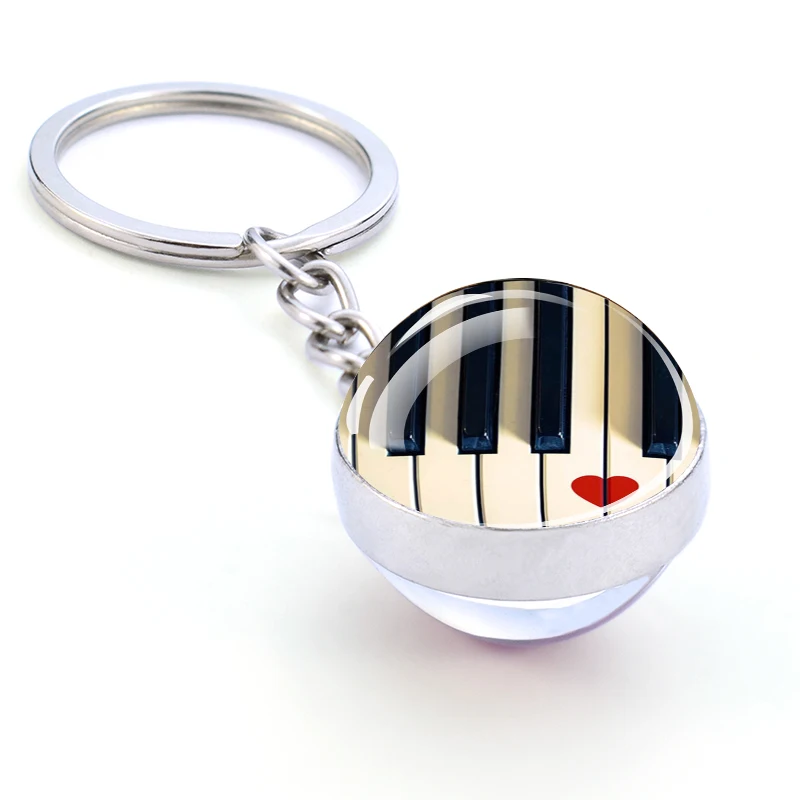 Music Musical Instrument Keychains Note Piano Guitar Clarinet Flute Key Chains Double Side Glass Ball Pendant ddmysmile Keyring Art Gift Smile
