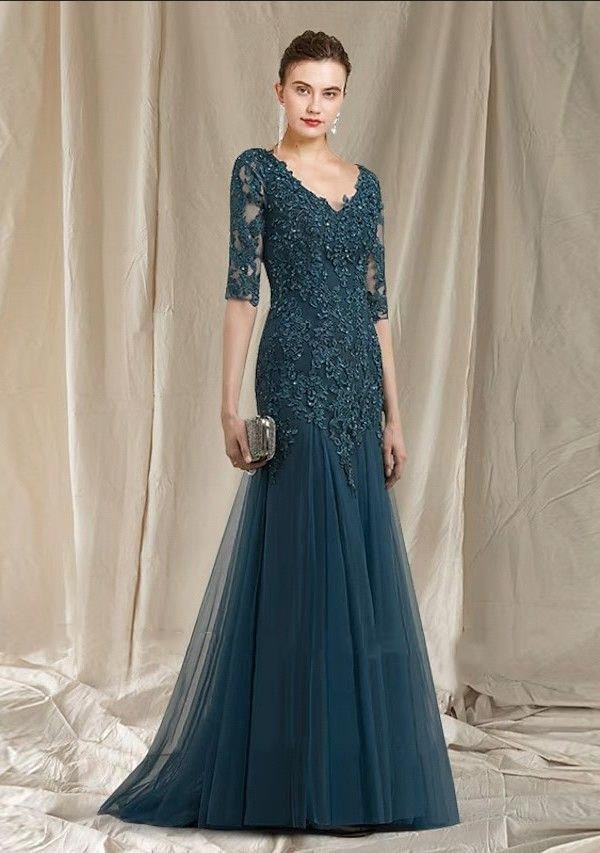 Elegant 2/4 Long Sleeve Lace Mother Sheer V Neck Tulle Applique Sheath Or Length Formal Party Evening Dree C18260 0618