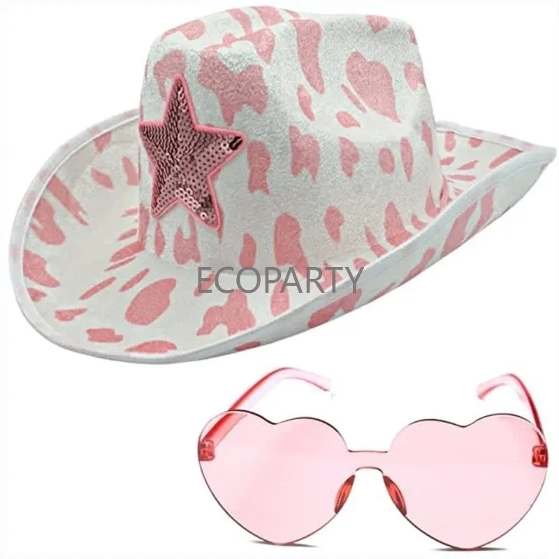Pink Five Pointed Novelty Star Cowboy Hat with Heart Shaped Sunglasses Kerchief Cowgirl Hat for Women Western Party Three-piece smile