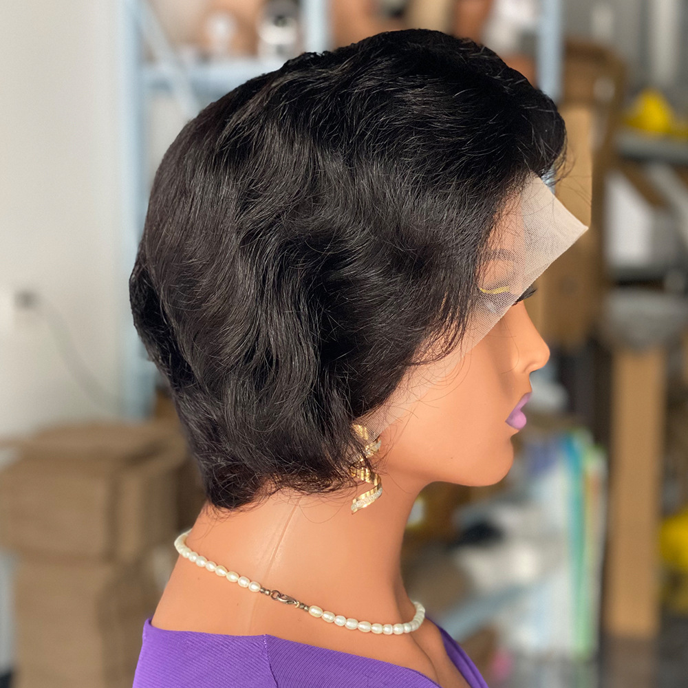 Front Lace Human Wig Headband 13x4 Wavy Curly Pixie Cut Frontal Wigs 6 inch Natural Black Baby Hair Wig
