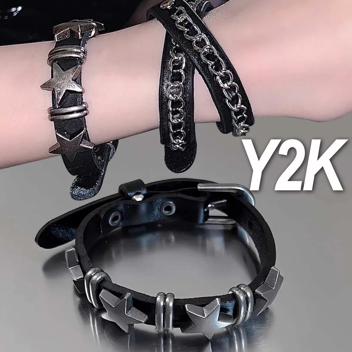 Star Cowboy Bracelet Vintage Wrap Leather Men Punk Rock Pentagram Spikes Rivet Gothic Wide Cuff Bangle Y2K Jewelry Accessories smile