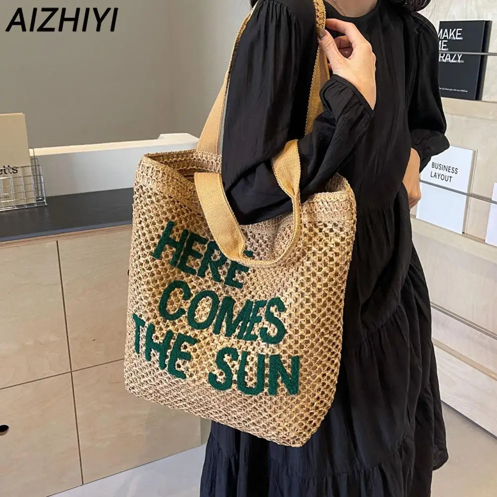 Trendy Crochet Tote Bag for Women Letter Handbag Large Shoulder Shopping Bag Hollow Out Straw Bags for Summer Beach Bag 240527
