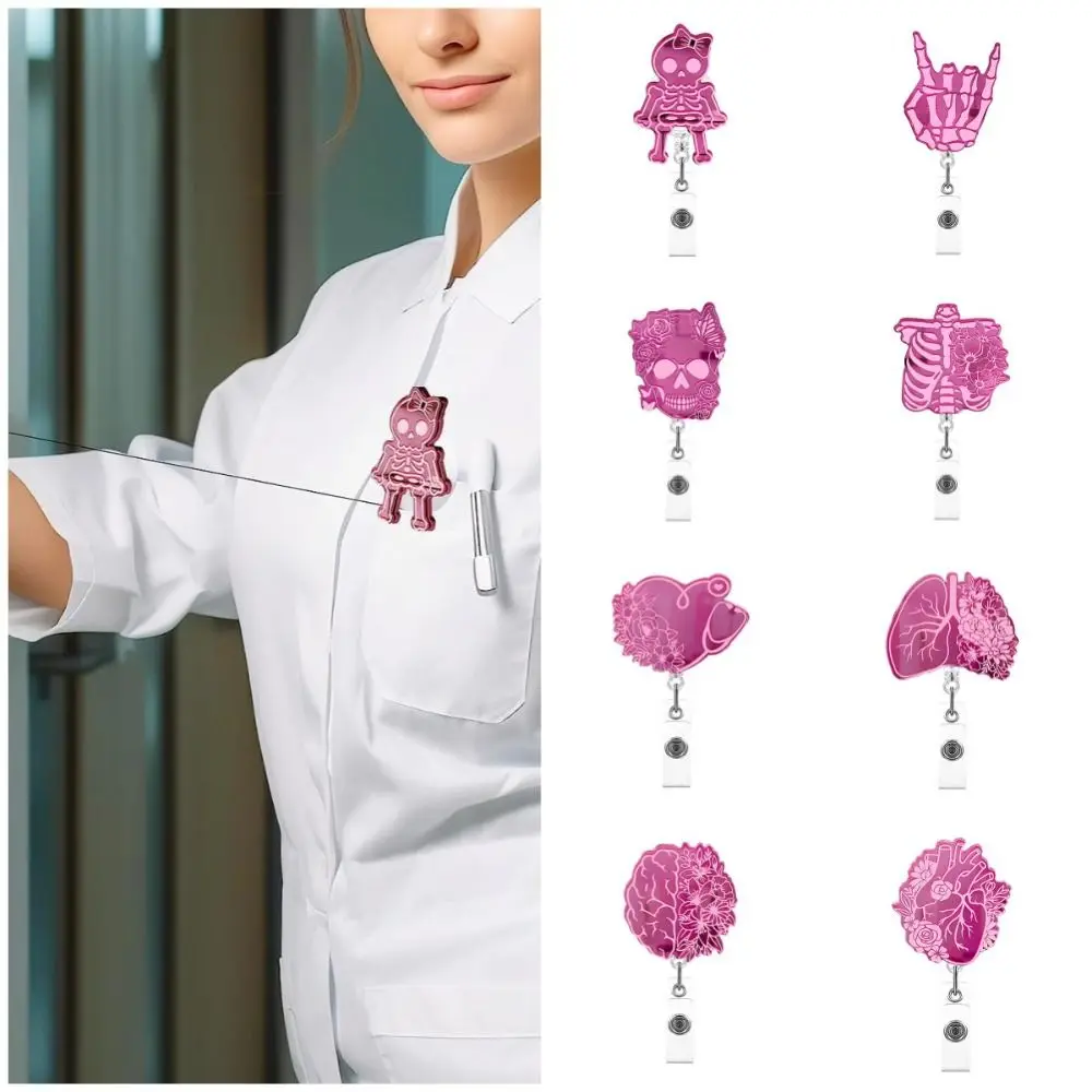 Badge Skull Nurse Retractable Reel Pink Acrylic Name Card Holder ID Card Clips Work Card Clips Hospital Badge Holder Card smile