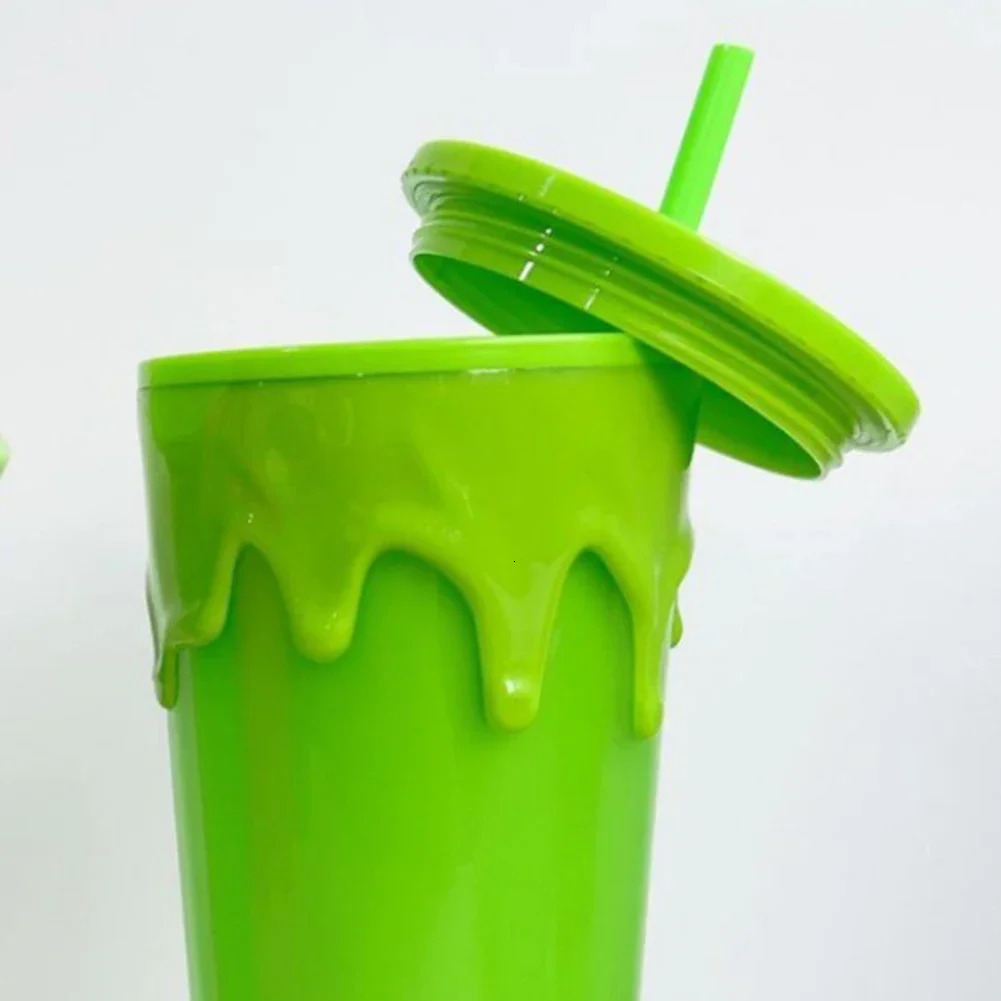 24oz710ml Lava Halloween Theme Plastic Cup Double Layer Slime Green Glow In The Dark Tumbler Cup with Straw Lid Holiday Gift 240527