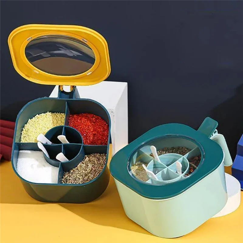 1 Set Large Capacity new Sealing Seasoning Box with Handle Spoons 4 In 1 Multi Grids Spice 2025 Jar Kitchen Condiment Storage Container