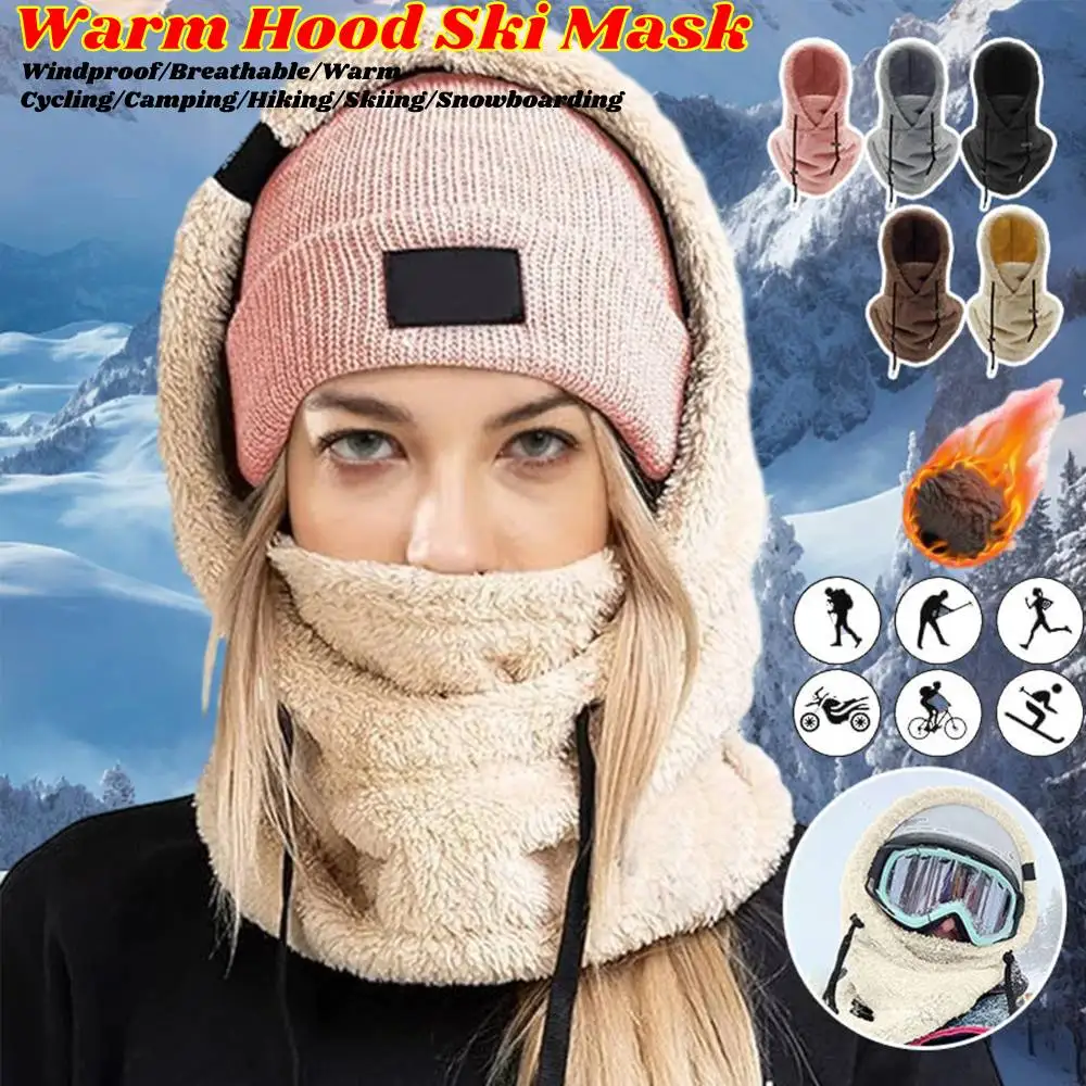 Thermal Sherpa Fleece Hood Ski Mask Winter Balaclava Cold Windproof Adjustable Women Plush Warm Hood Cover Hat Scarf Cycling Cap