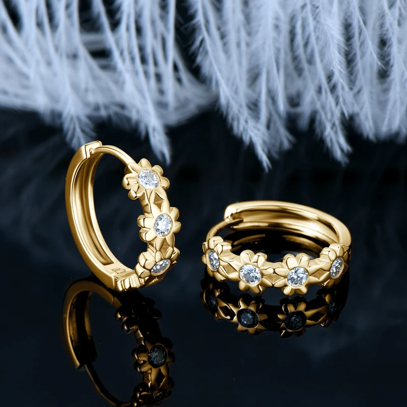 Yellow Gold Anziw Plated Women's ddmysmile Earrings Delicate Flower Hoops 2.2Mm Real Moissanite Sier Certified Jewelry Wedding Smile