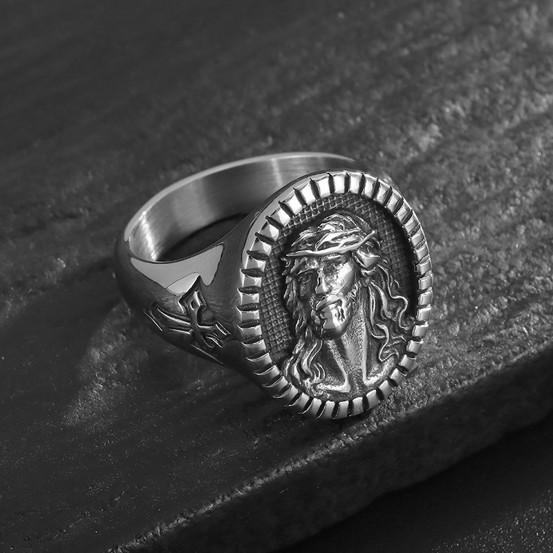 Hip Hop Vintage Jesus Cross Ring Stainless Steel Religious Jewelry Mens Ring