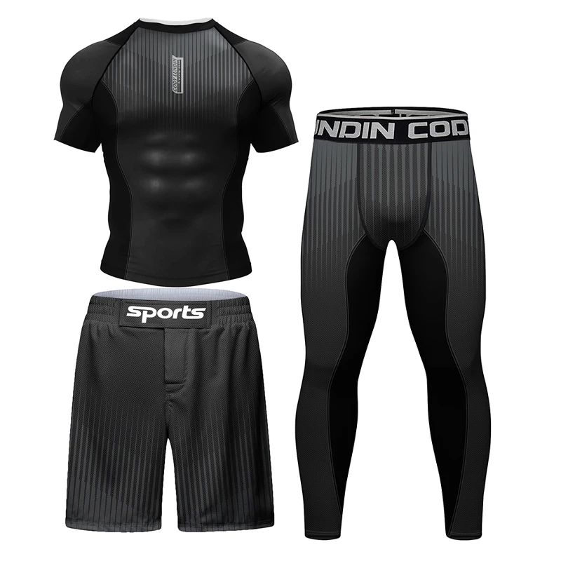 Rashguard Jiu Jitsu Kickboxing MMA T-Shirt +Pant Set Men Grappling Bjj Gi Boxing Rash Guard Sport Clothing Gym Muay ddmysmile Thai Shorts Smile +