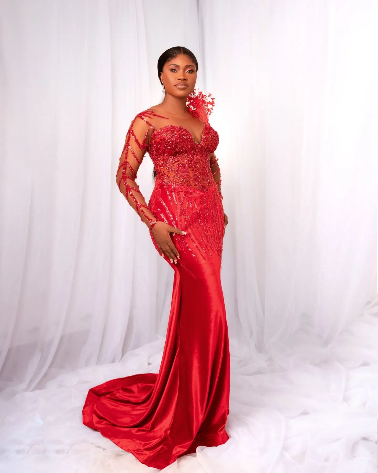 2024 Plus Size Aso Ebi Red Mermaid Prom Dress Beaded Lace Crystals Velvet Evening Formal Party Evening Birthday Engagement Second Thanksgiving Dresses