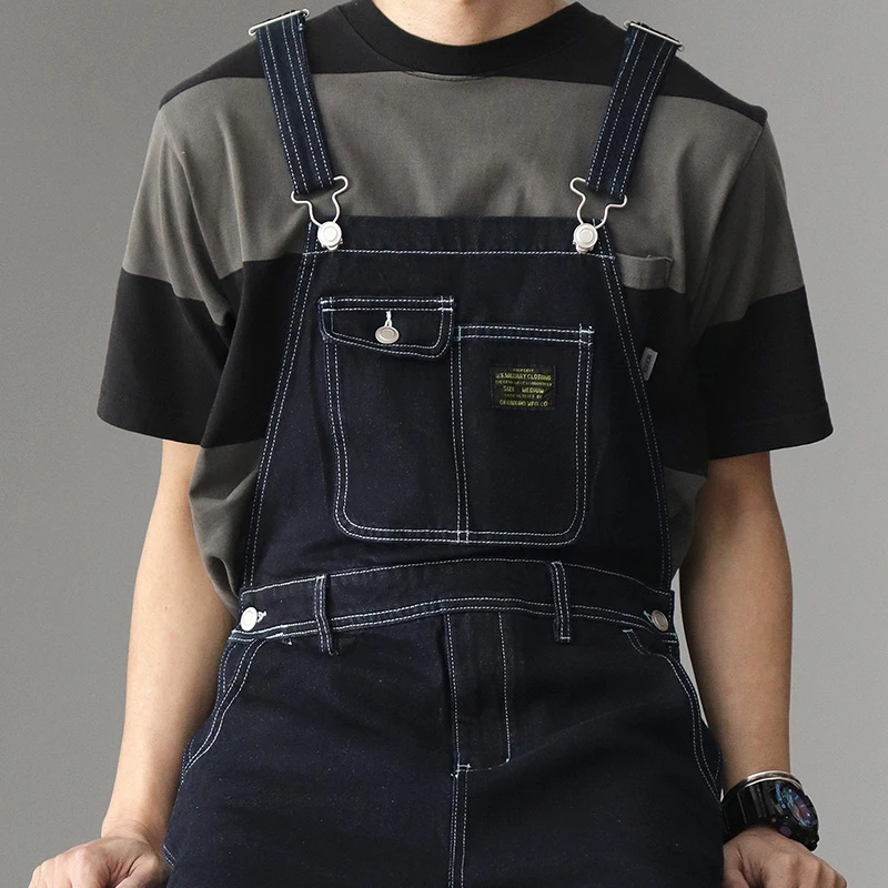 Vintage Men Jeans Ameki Autumn Winter New Multi-pocket Plain Striped Overalls Straight Denim Jeans Retro Casual Long Trousers smile