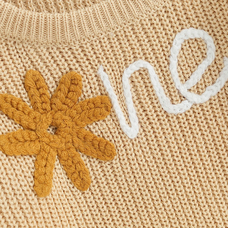 Lioraitiin 6-24M Autumn 2023-08-02 Girl Baby Sweater Flower Letter Pattern Long Sleeve Round Neck Knitwear Pullover smile