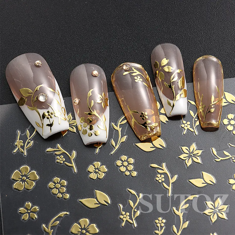 Flowers Nails Stickers Sakura Rose Gold White Cherry Blossom Foliage Gorgeous Florals Manicure 3D Nail Charming Ornament BTF-S29 smile