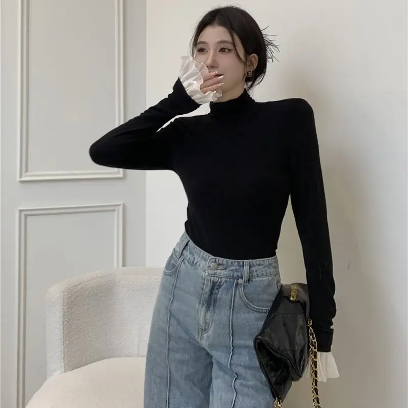 Casual Long Sleeve Hsa T-Shirts Autumn Black Slim Fit Pullovers Tees Shirts Female Streetwear Base Tees Tops Casual smile