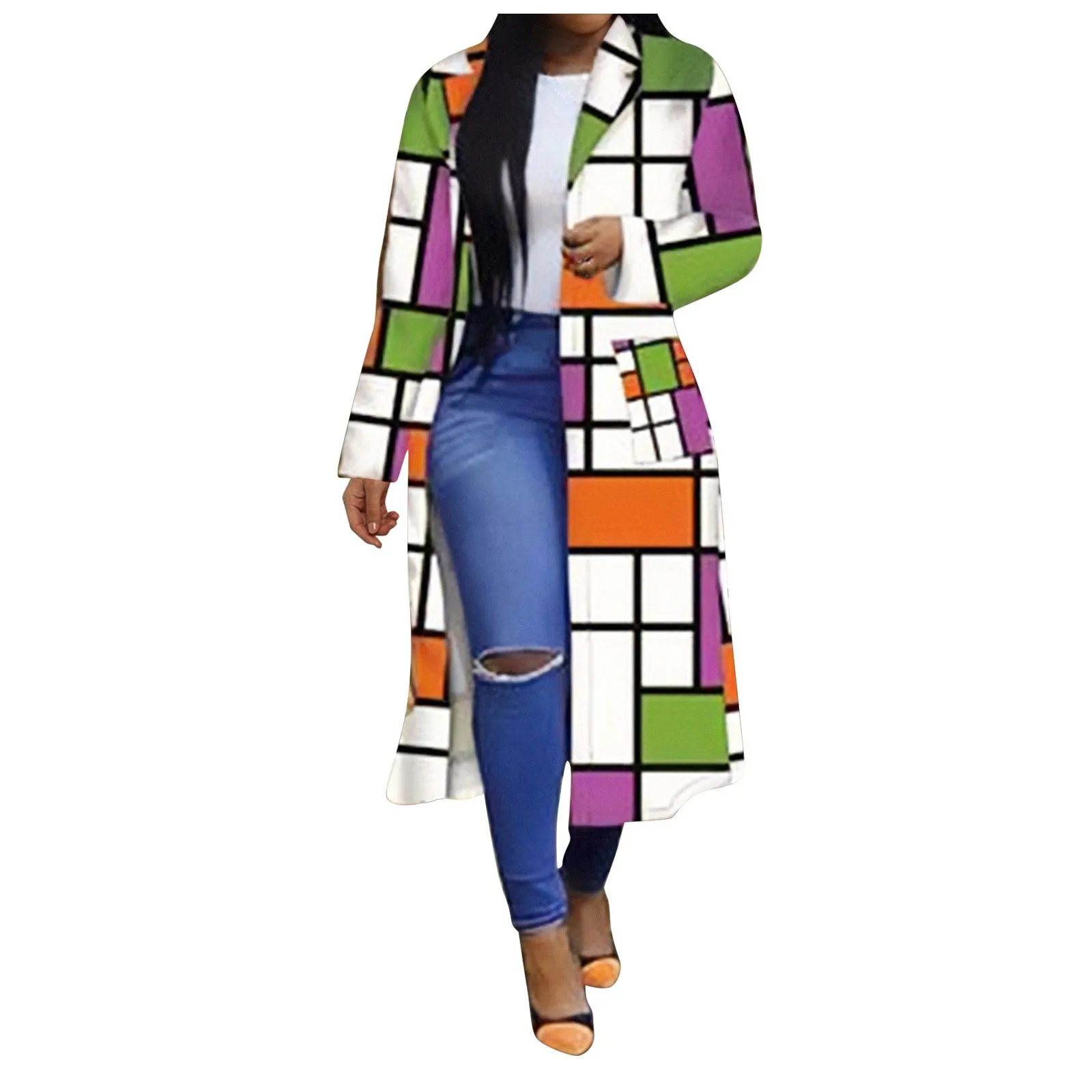 Plus Women Jackets For Size Long Plaid Printed Jackets Windbreaker Double Breasted Overcoat Outerwear With Pocket Chaquetas smile