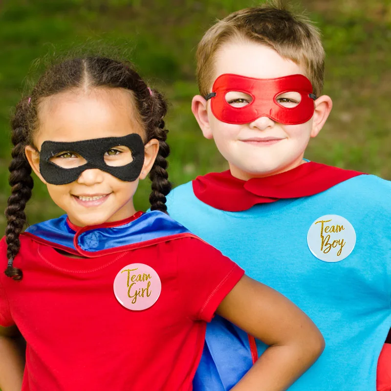 Birthday 12Pcs Boys Girls Badges ddmysmile Gender Reveal Pink Blue Team Boy Girl Tinplate Badge Baby Shower Kids Birthday Party Decoration Smile