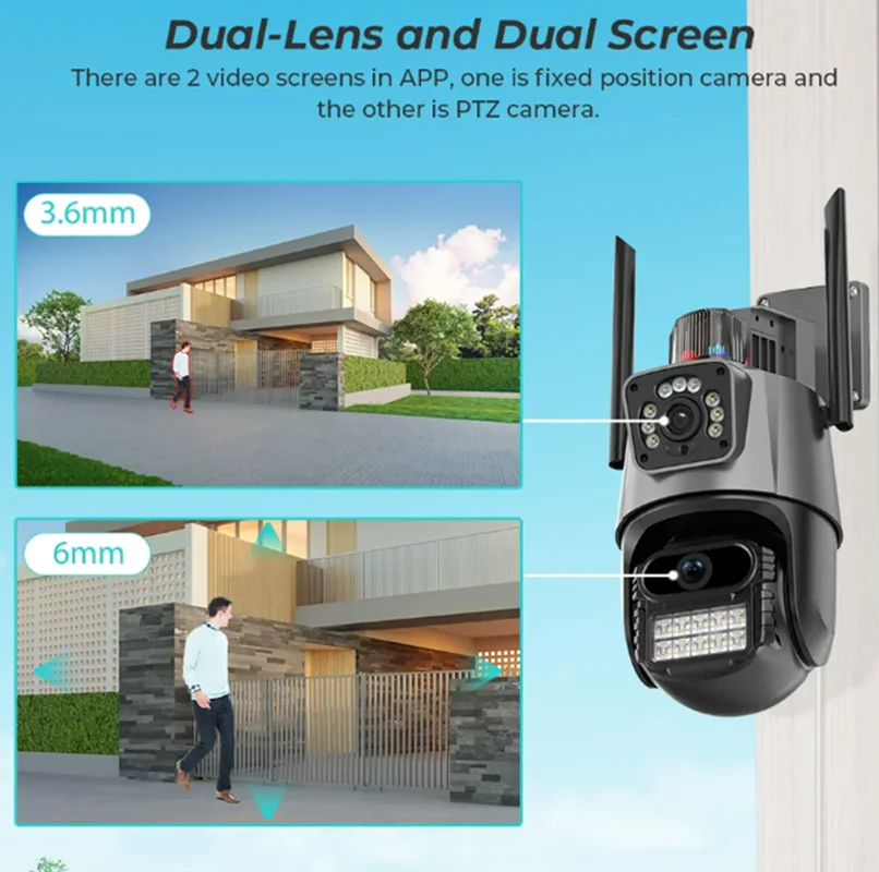 8MP 4K Wifi Camera Dual Lens Ai Auto Tracking Waterproof Security CCTV Video Surveillance Camera Police Light Alarm IP Camera
