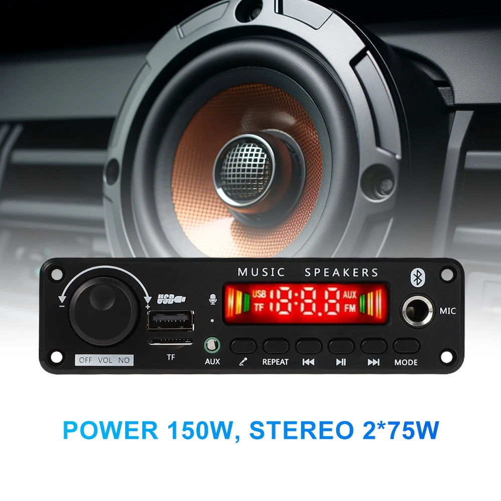 150W DIY Amplifier Bluetooth Decoder Board 12V 6.5mm Microphone FM Radio TF USB Car Audio Music Player Speakers Volume Control