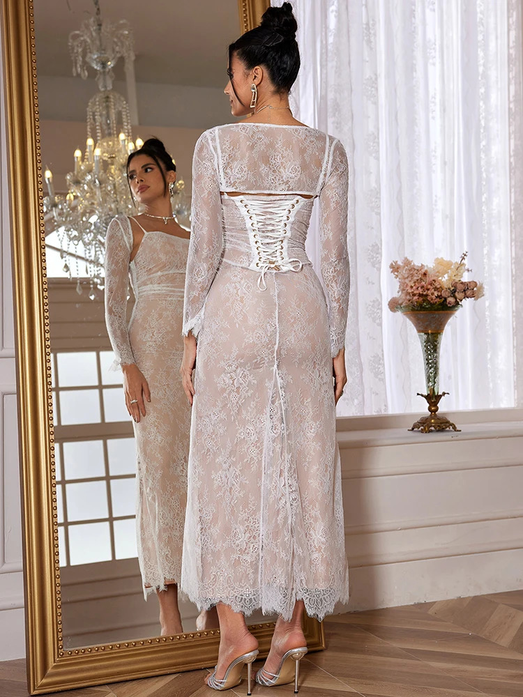 Mingmingxi Maxi Women Clothing Dresses Lace Up White Wedding Events Dress Elegant Lae Detachable Cape Party Dresses 240518