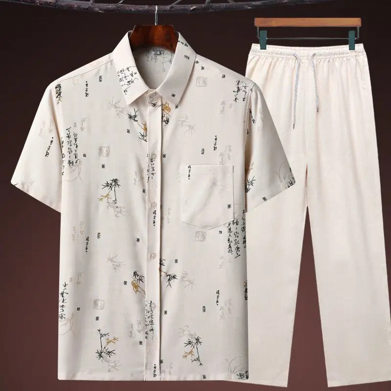 Summer Chinese style Sets Cotton linen Men Tang suit Print short-sleeved trousers suit Hanfu traditional kung fu Tai Chi Uniform 240518