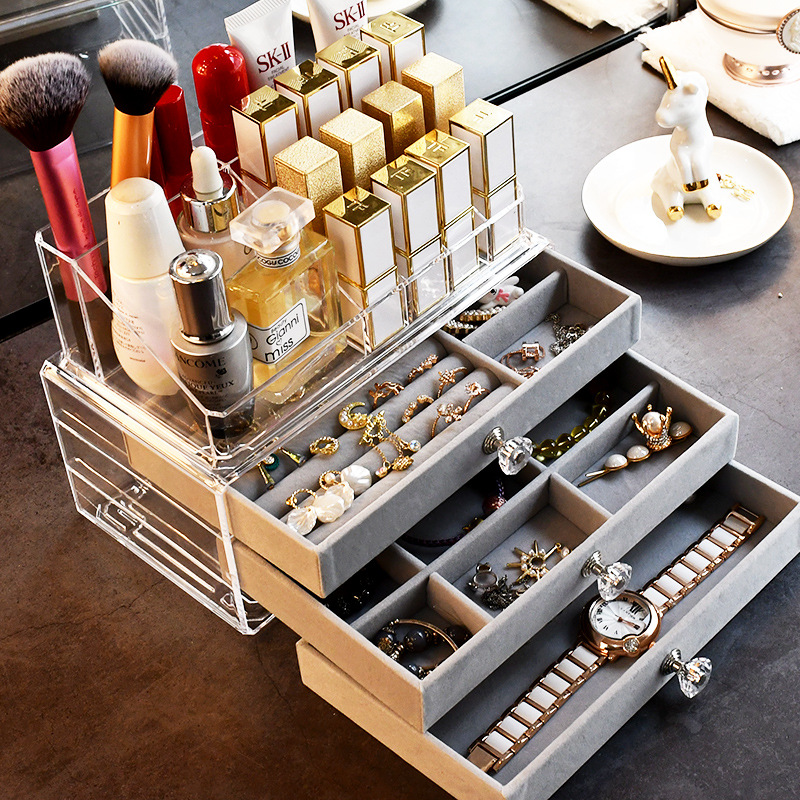Acrylic Organizers Velvet Three-Layer Jewellery Storage Box Earring Rings Necklace Large Space Jewellery Case Holder Women Gift