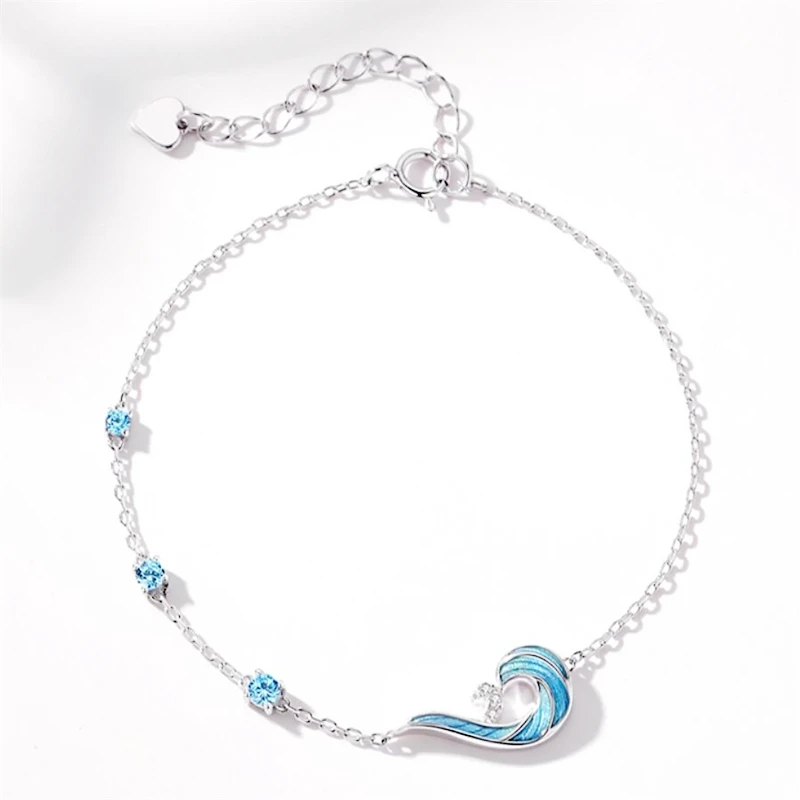 Sterling Sier WYEAIIR Blue Drip Glaze Enamel Wave Spray Fine Jewelry Female Resizable Bracelet smile