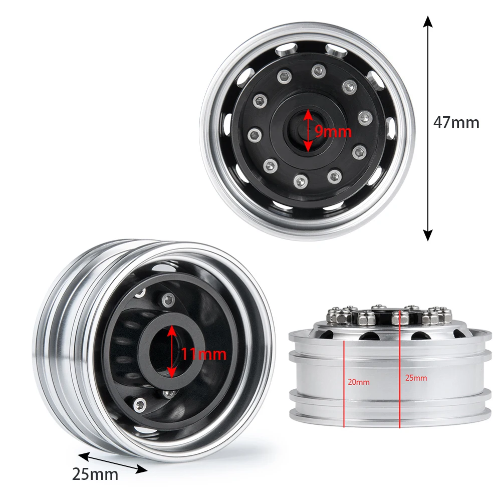 TRINOOD 6PCS Metal Front and Rear Wheel Hub Rim Set 6x6 for 1/14 Tamiya Truck RC Trailer Tractor Car Upgrade Parts