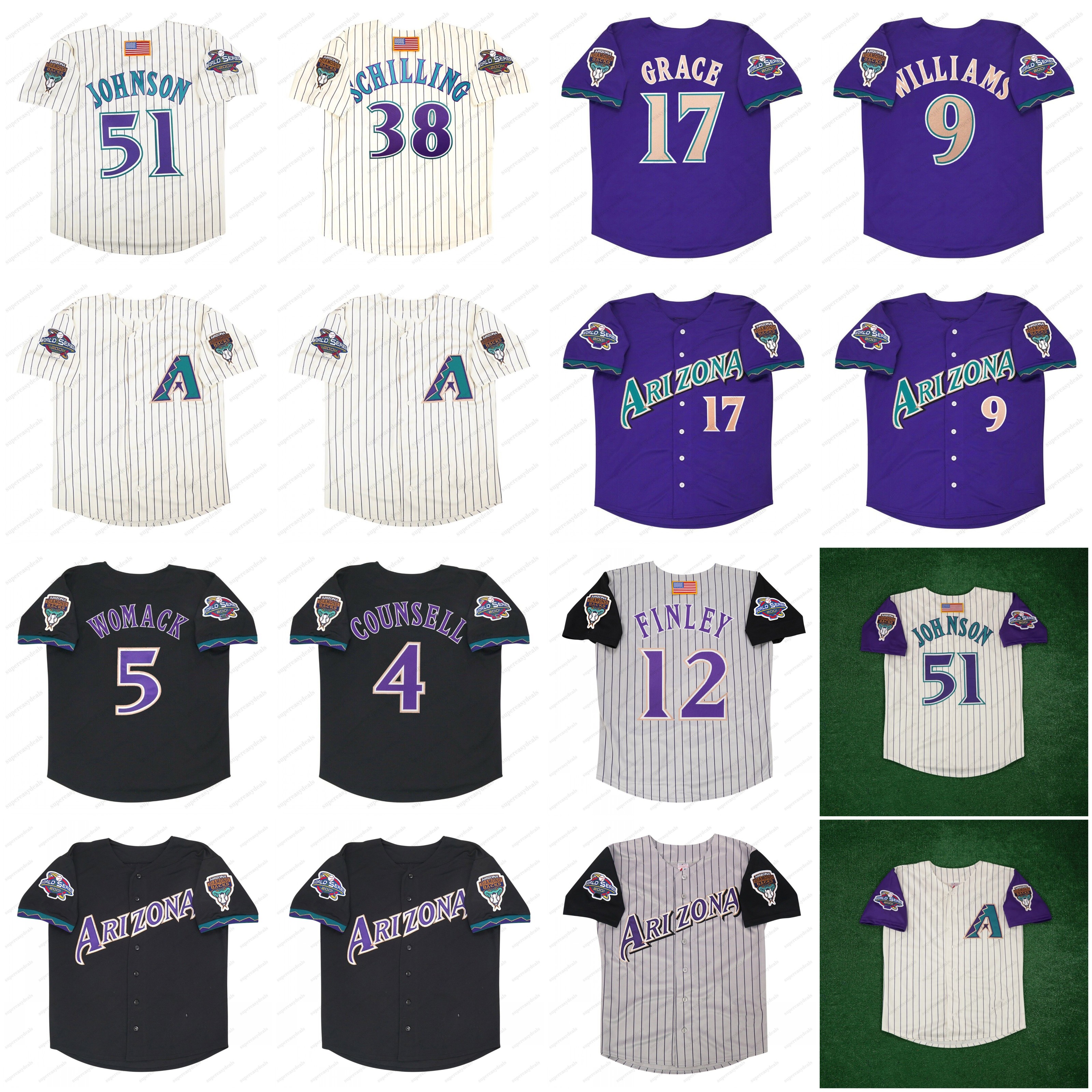 51Johnson 2001 Diamondbacks world series JErsey 5Womack 9Williams 12Finley 16Sanders 17Grace 38Schilling 12Finley 20Gonzalez