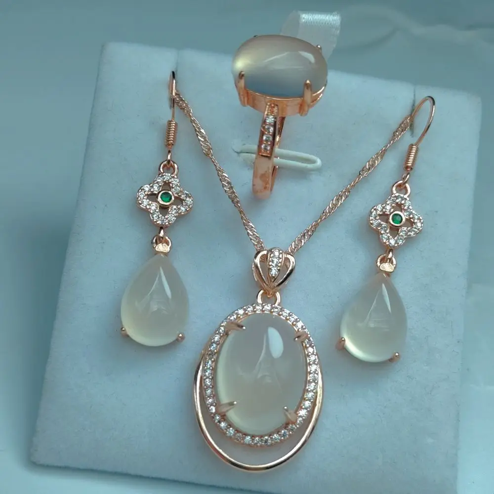S Natural White Suits ddmysmile Chalcedony Sier Plated Stone Set Lady Agate Ring Water Drop Earrings HANFU Jewelry Gemstone Pendant Smile
