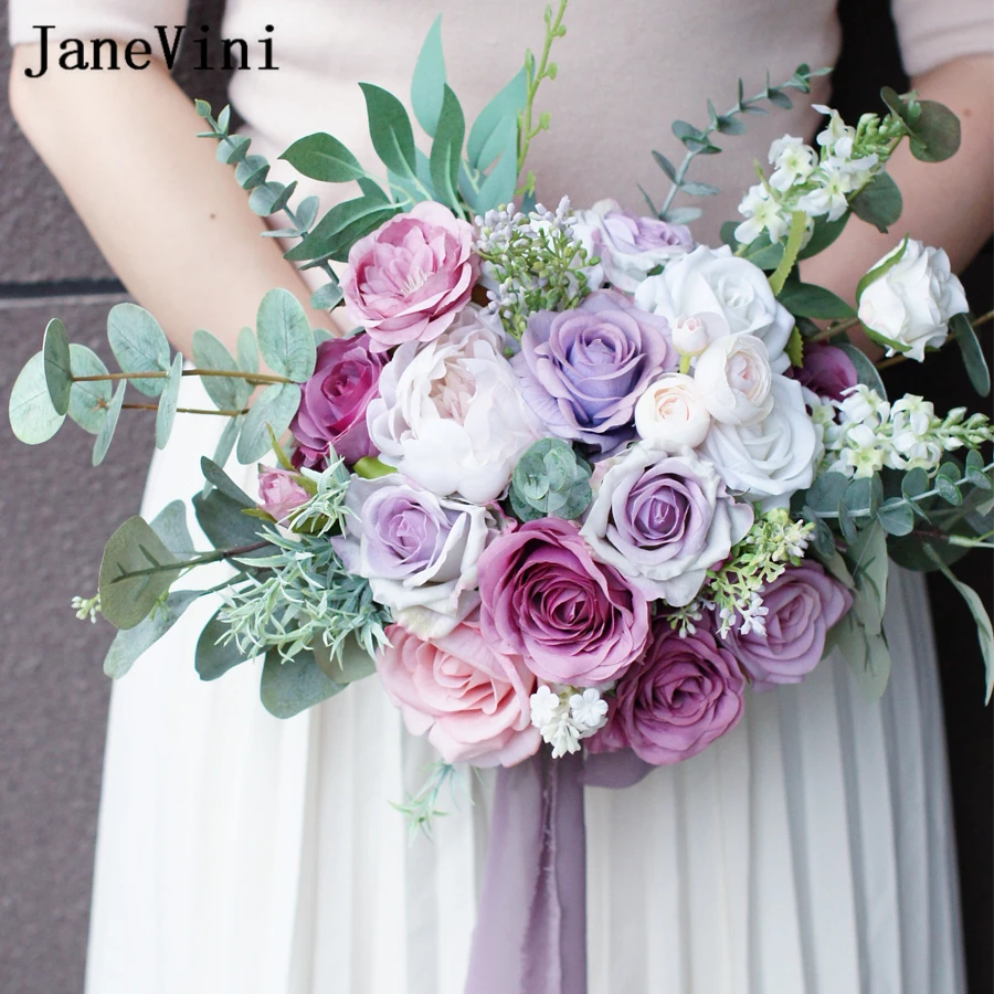 Eucalyptus JaneVini Roses Romantic Pink Purple Artificial Flowers Bouquet for Bride Europe Style Wedding Bouquets Buque De Noiva smile