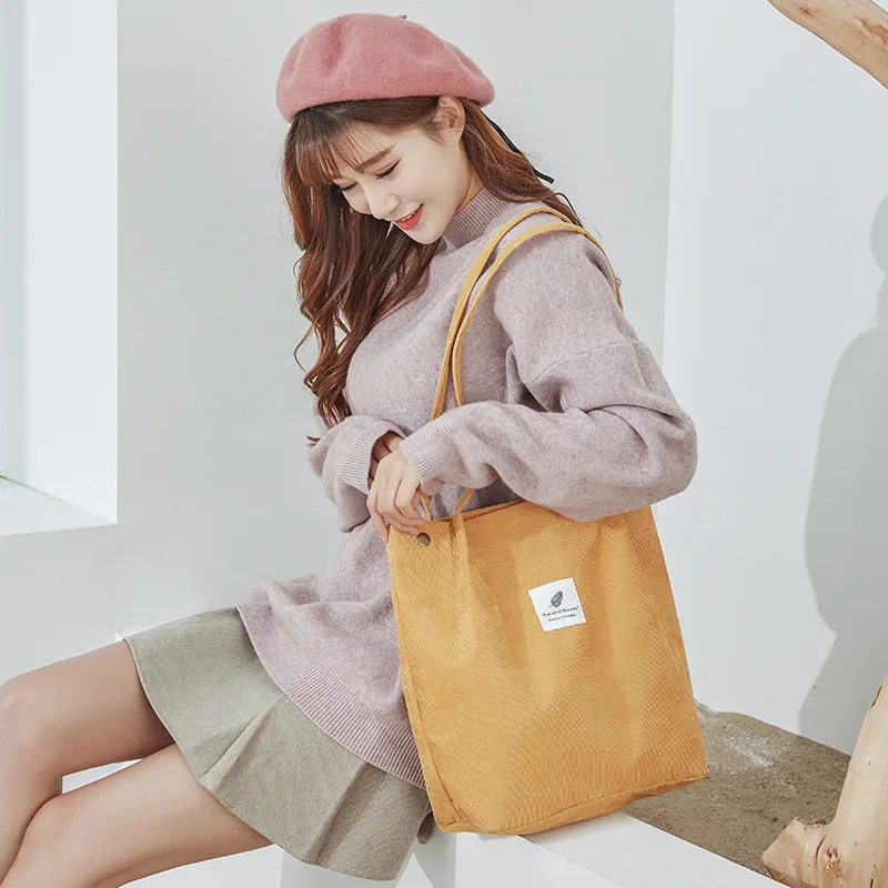 Corduroy Women Bag for Shopper Handbags Environmental Storage Reusable Canvas Shoulder Tote Bag School Bags for Girl Tote Bags smile