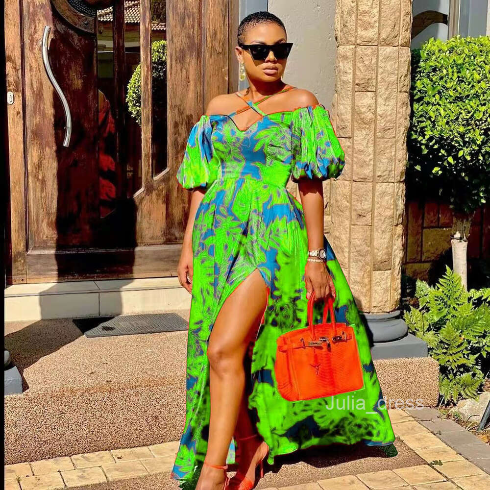 2024 New Spring/Summer Womens Dress Printed Split Bra Hanging Neck V-neck Long Dress