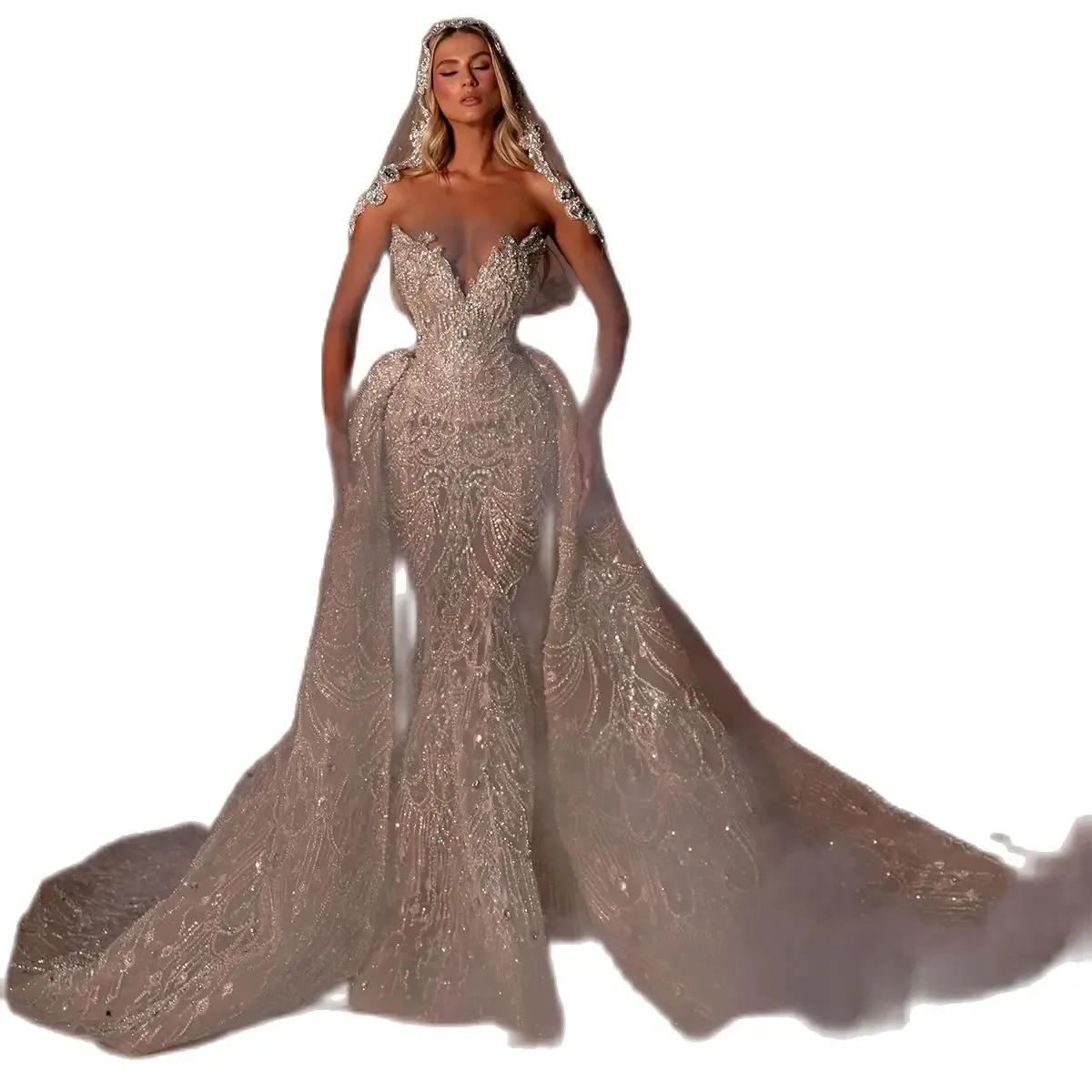 Gorgeous Crystal Mermaid Wedding Dresses V Neck Lace Sequined Sleeveless Wedding Dress Bridal Gowns Detachable Train Custom Made Robe De Mariee 0616