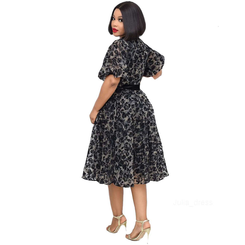 2024 Summer New Style Stand up Neck Black Flocking Dense Mesh Waist Tie Lace Splice Fashion Slimming Dress