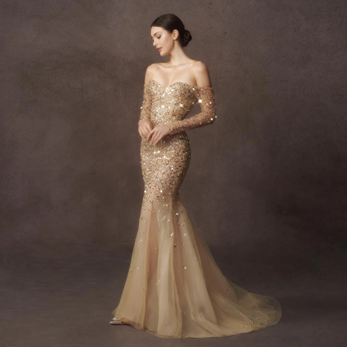 Gold Mermaid Beaded Wedding Dresses With Detachable Train Bridal Gowns Sequined Long Sleeves Off The Shoulder Necke Tulle Vestido De Novia 0220