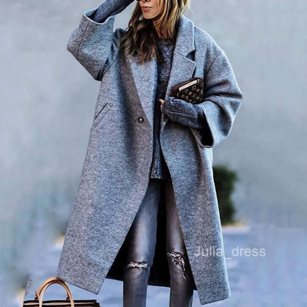 2024 New Autumn Womens Long sleeved Lapel Coat Printed Woolen Long Coat
