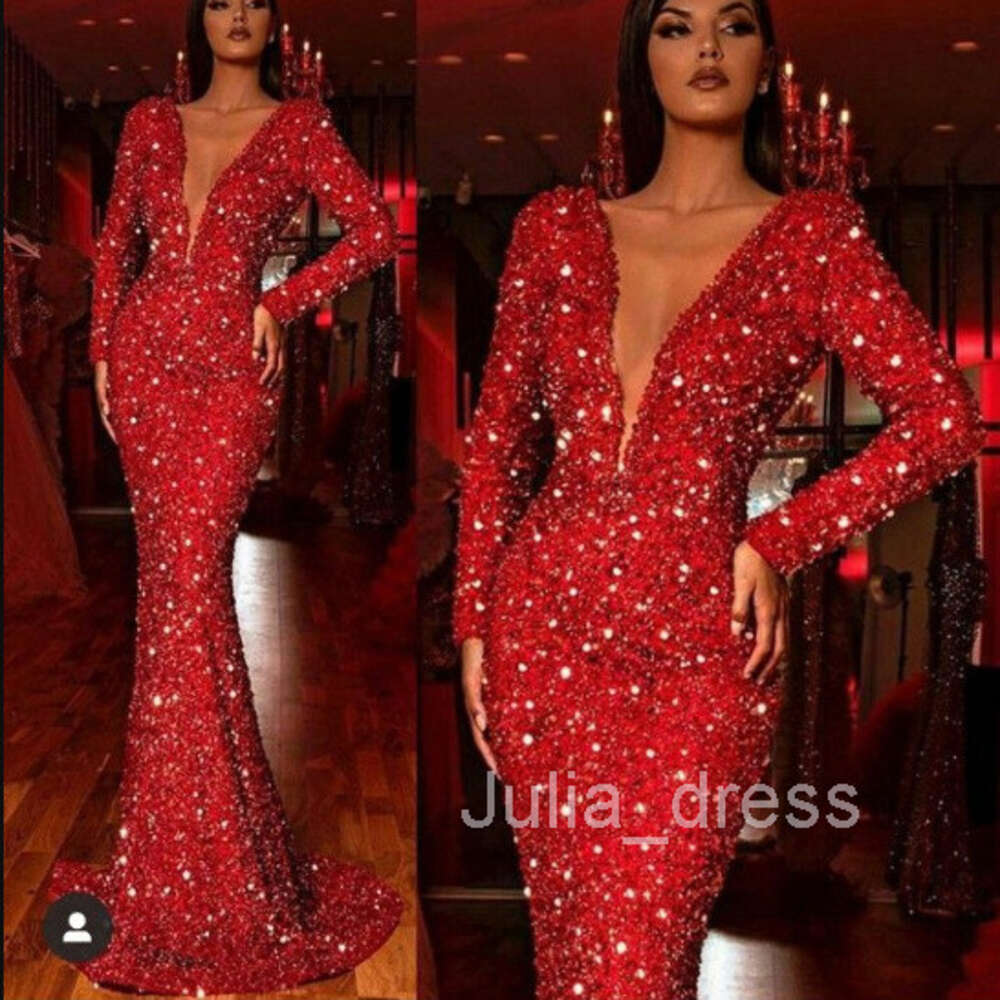 2024 Spring New Womens Wrapped Hip Dress with Fish Tail Edge Red Sequin Long sleeved V-neck Dress