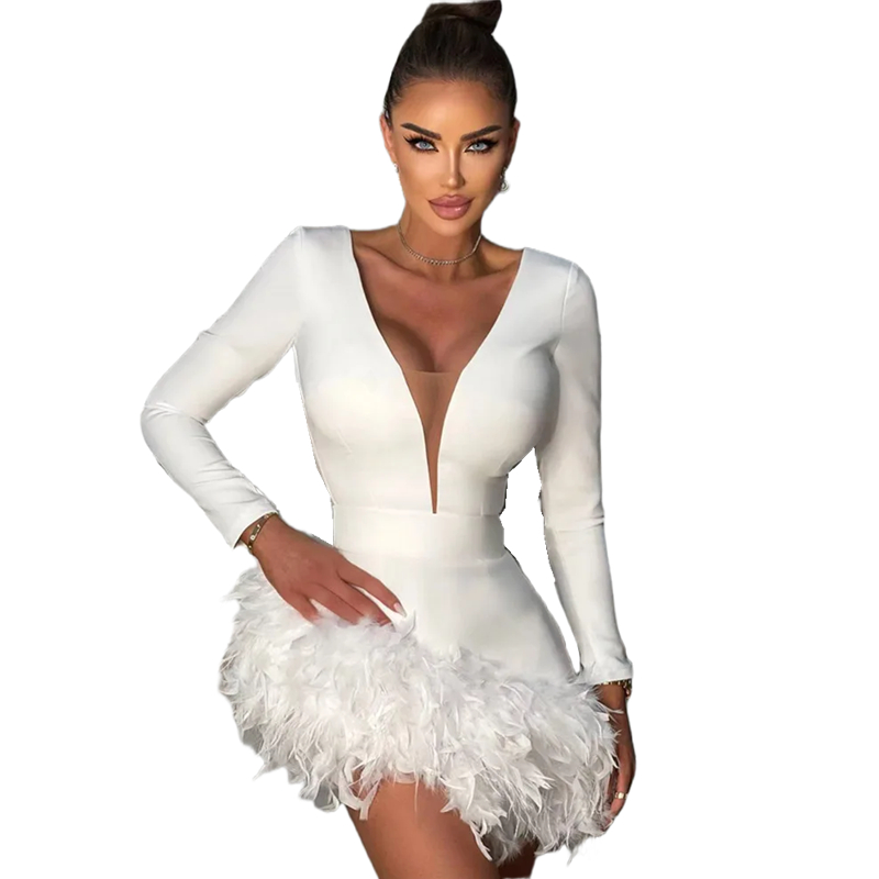 Sexy Short Mini Prom Dresses Feathers Cocktail Party Dress Deep V-Neck Long Sleeves Sheath Special Occasion Gown Evening