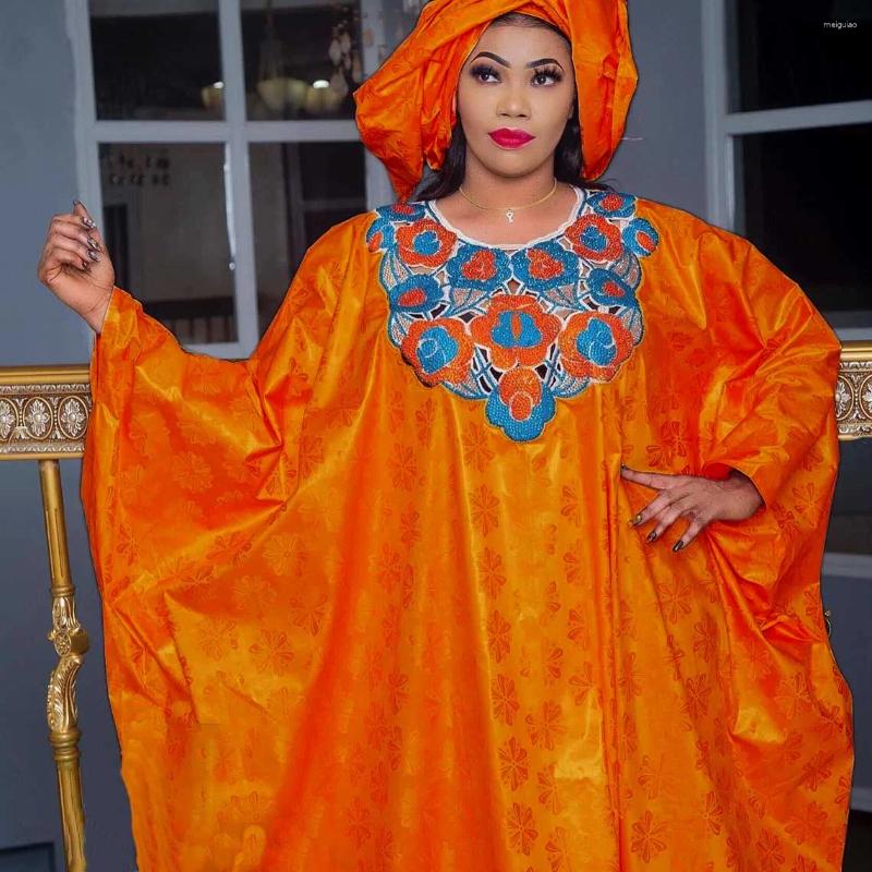 Ethnic Clothing Shiny Bazin Riche Long Dresses Sequined Embroidered Dashiki Robe With Scarf Boubou Traditional Wedding