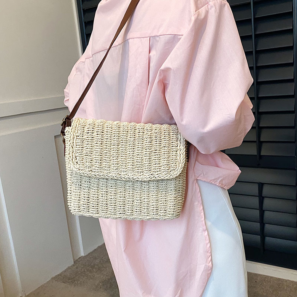 Women Weave Straw Bag Summer Straw Beach Bag Vintage Small Square Satchel Bag Adjustable Strap Handmade Travel Flap Bag